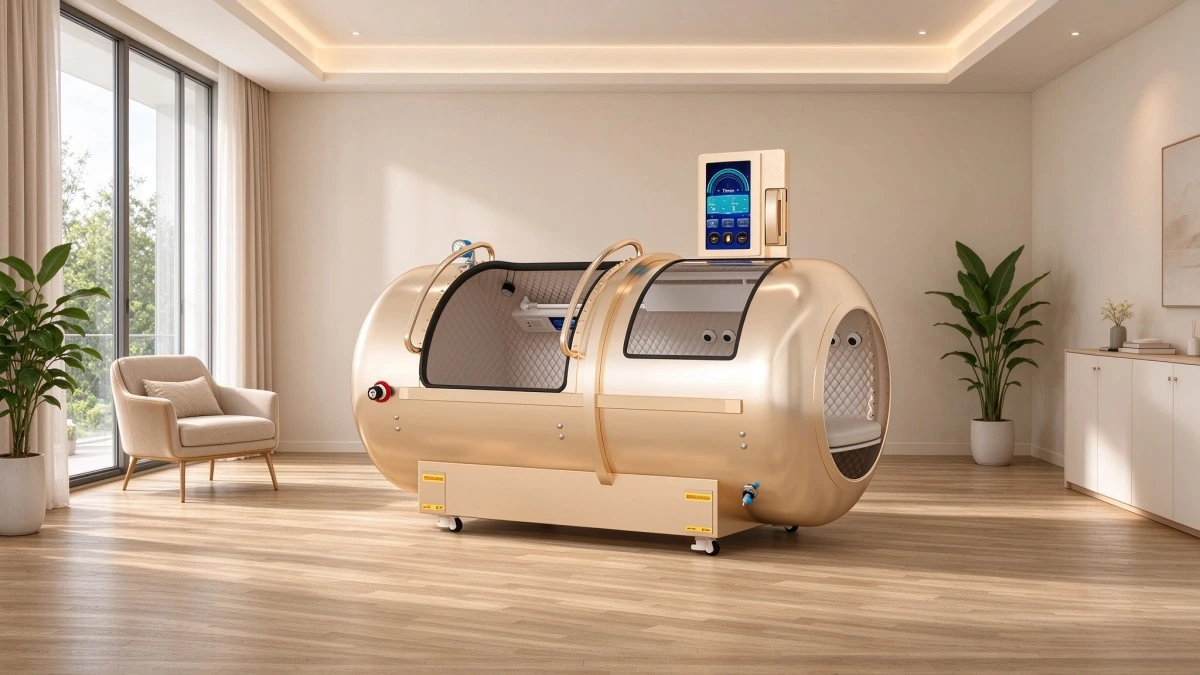 Light gold lying hard-shell chamber in a bright indoor setting