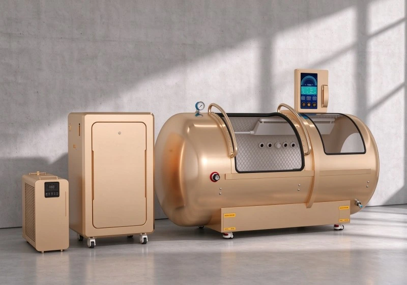 Angled view of a gold hard shell hyperbaric chamber with curved handles, viewing panels and external equipment.