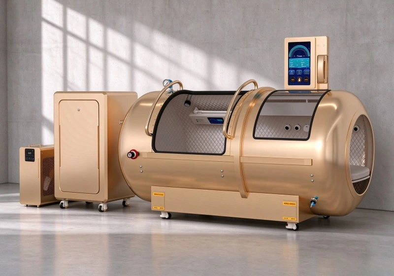 Front angled view of a gold HBOT chamber with a circular end window, padded interior and touchscreen control panel.
