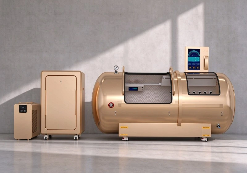 Side view of a gold horizontal hyperbaric chamber with transparent panels, touchscreen controls and matching external equipment.