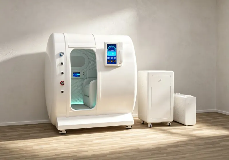 Angled view of a white home hyperbaric chamber with touchscreen controls, a visible seat and matching external equipment.