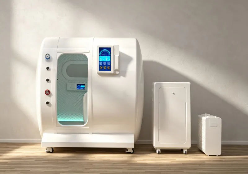 Front view of a white hard shell hyperbaric chamber with a transparent door, illuminated interior and external equipment.