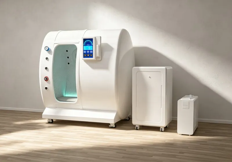 Side angled view of a white seated HBOT chamber with a touchscreen control panel and two external equipment units.