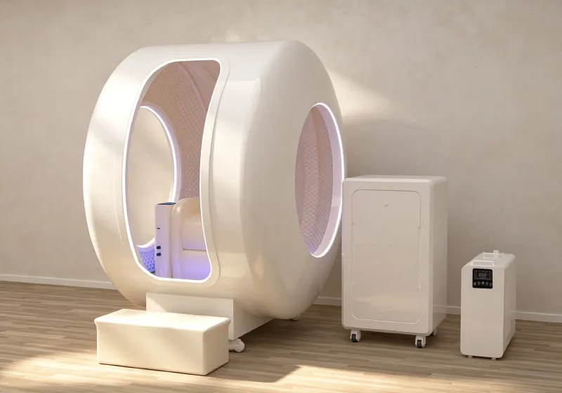 White seated hyperbaric chamber with illuminated interior, rounded viewing windows and matching external equipment.