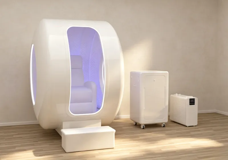 White home hyperbaric chamber with a comfortable seat, illuminated interior and external oxygen equipment.