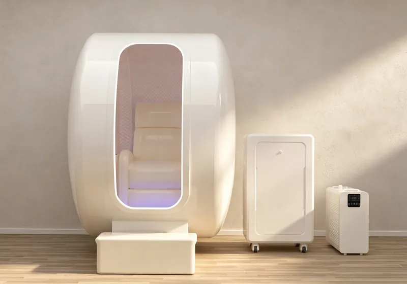 Front view of a white seated HBOT chamber with a padded seat, step platform and external equipment.