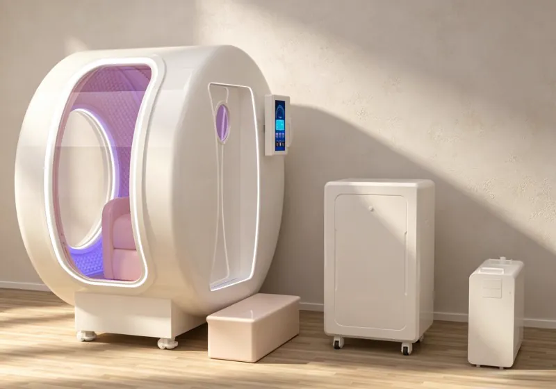 Angled view of a white hard shell hyperbaric chamber with a pink seat, purple interior lighting, touchscreen controls and external equipment.