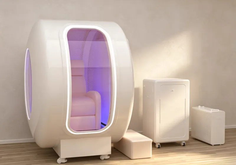 Angled view of a white HBOT chamber with a large viewing window, pink seat, purple interior lighting and matching external equipment.