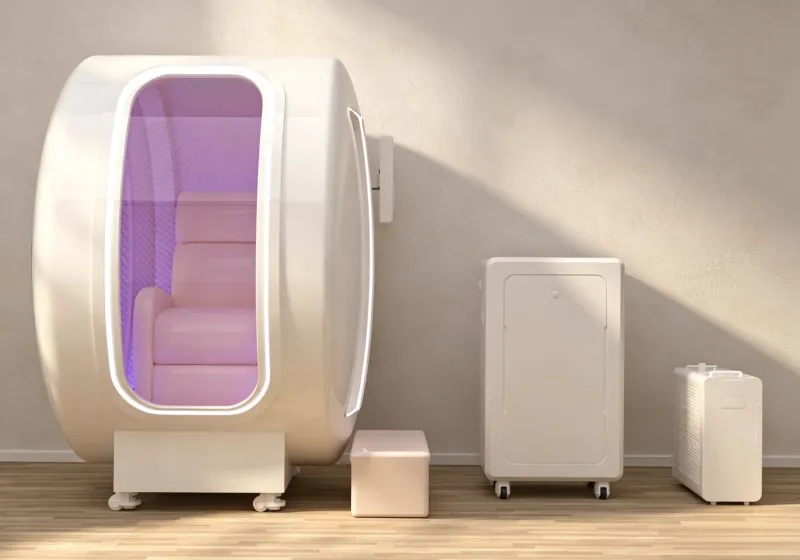 Front view of a white seated hyperbaric chamber with a pink padded seat, purple lighting and a side entry step.