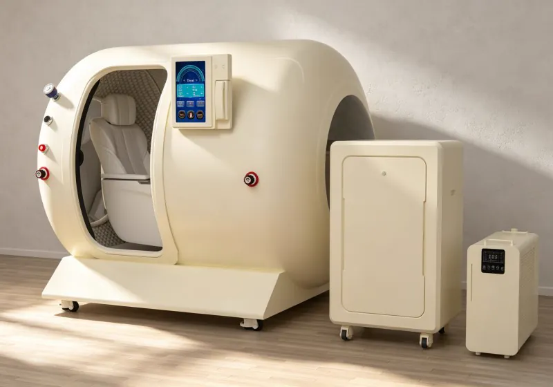 Angled view of a cream hard shell hyperbaric chamber with a padded seat, touchscreen controls and matching external equipment.