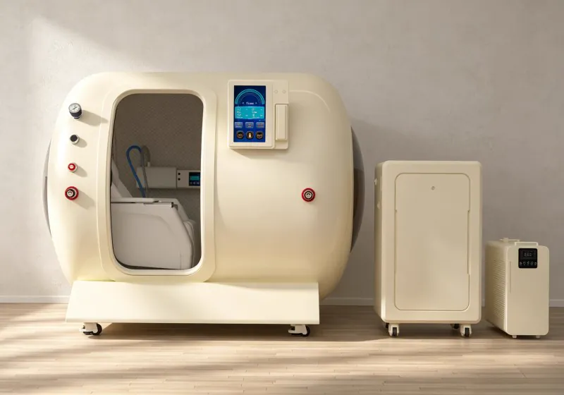 Front view of a cream HBOT chamber with a padded seat, touchscreen control panel, pressure gauge and two external equipment units.