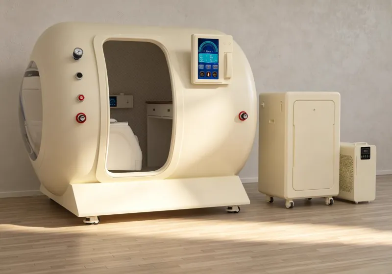 Opposite angled view of a cream seated hyperbaric chamber with a circular side window, padded interior and external equipment.