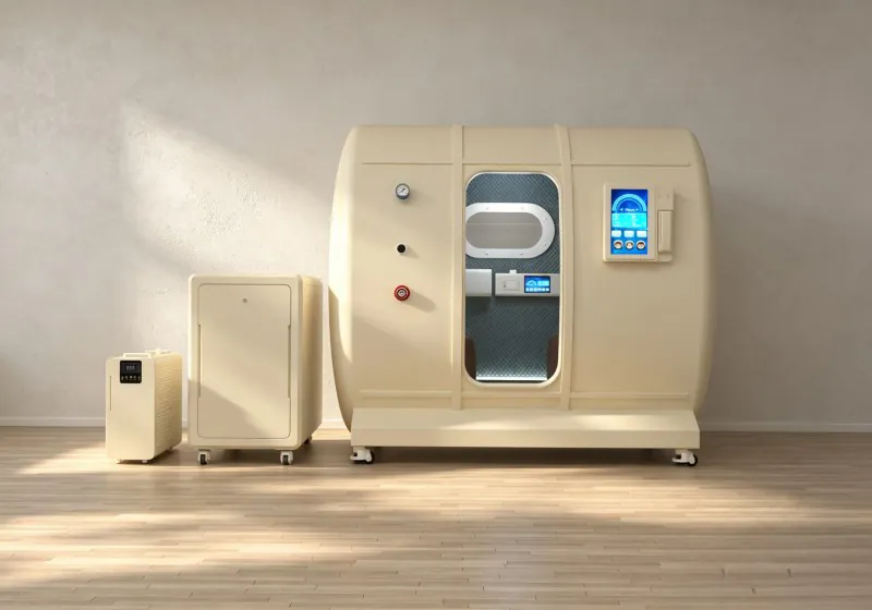 Front view of a cream hard shell hyperbaric chamber with a transparent door, touchscreen controls and matching external equipment.