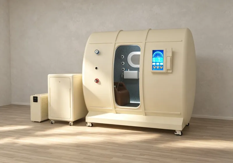 Opposite angled view of a cream HBOT chamber with a brown seat, padded interior, oval viewing window and touchscreen control panel.