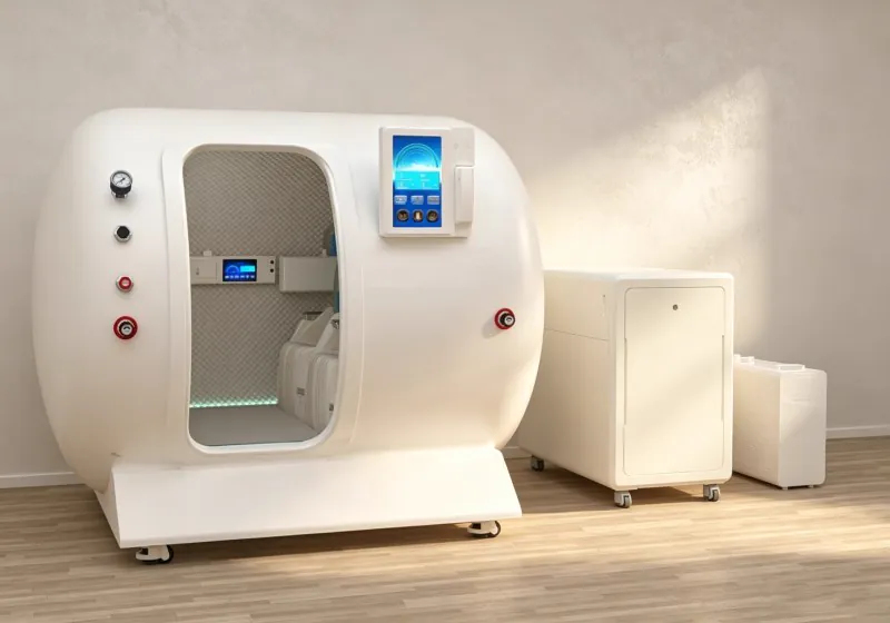 Angled view of a white hard shell hyperbaric chamber with padded seating, touchscreen controls and matching external equipment.