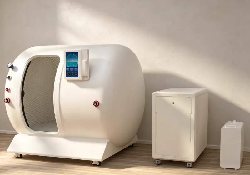 Side angled view of a white hyperbaric oxygen chamber with an open doorway, quilted interior and two external equipment units.
