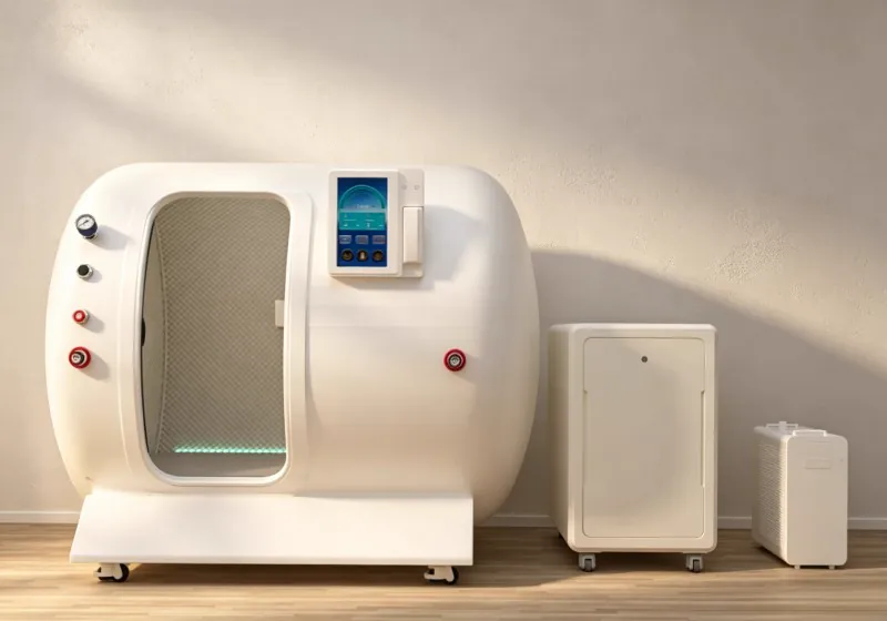 Front view of a white HBOT chamber with touchscreen controls, a pressure gauge and illuminated padded interior.