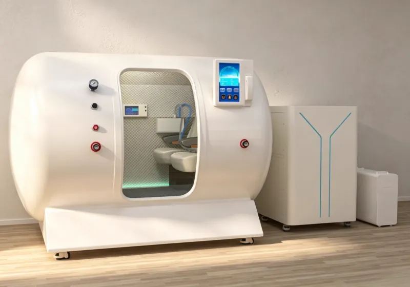 Angled view of a white hard shell hyperbaric chamber with cream seats, touchscreen controls and an external equipment cabinet with blue trim.