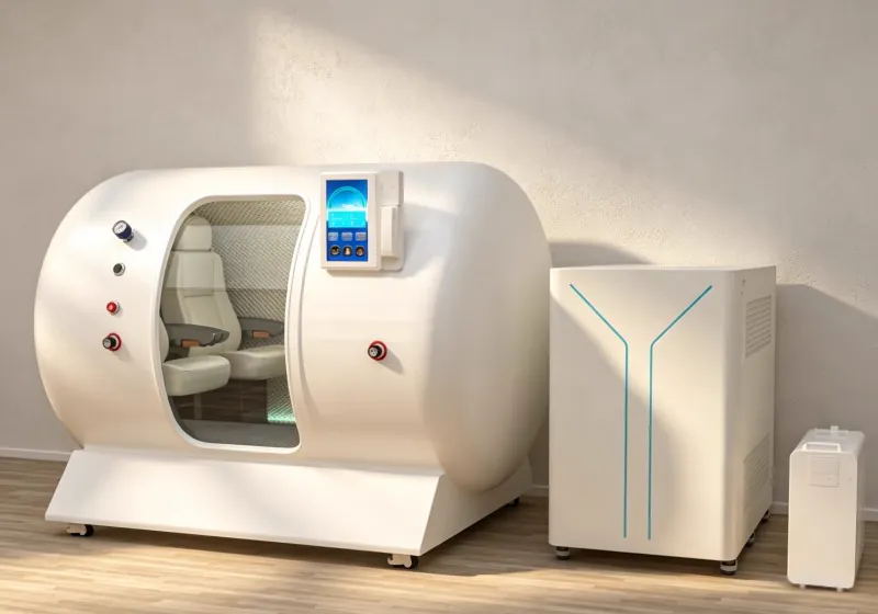 Side angled view of a white seated hyperbaric oxygen chamber with cream seats, padded interior and two external equipment units.