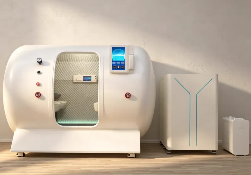 Front view of a white HBOT chamber with a pressure gauge, touchscreen control panel and illuminated quilted interior.