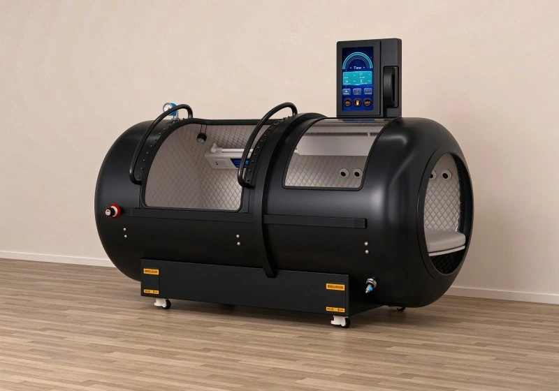 Black hard shell hyperbaric chamber with transparent viewing panels, padded interior and touchscreen controls.
