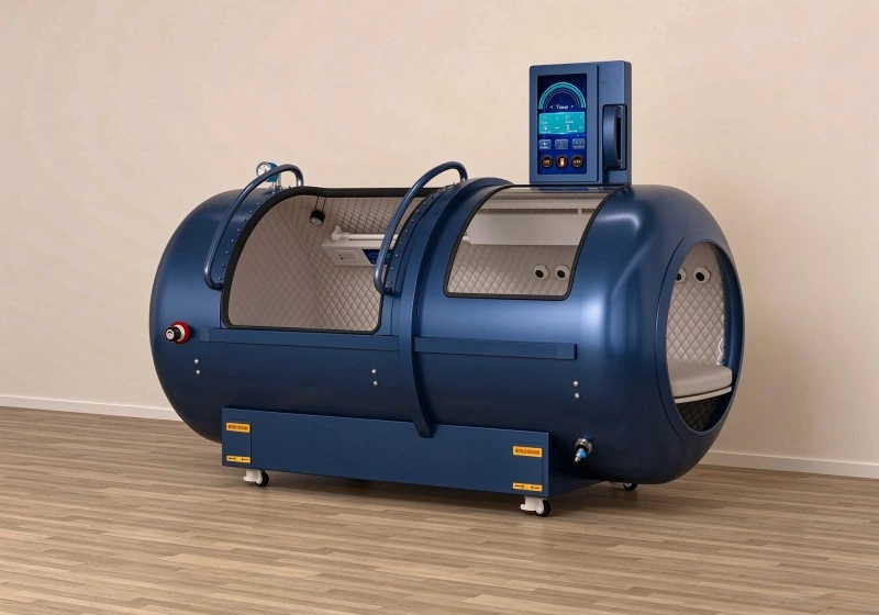 Blue hard shell hyperbaric chamber with transparent viewing panels, padded interior and touchscreen controls.