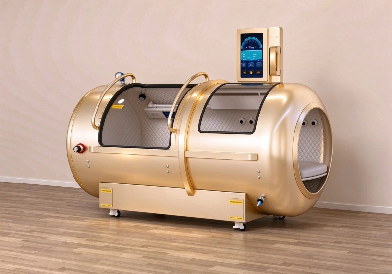 Gold hard shell hyperbaric chamber with transparent viewing panels, padded interior and touchscreen controls.