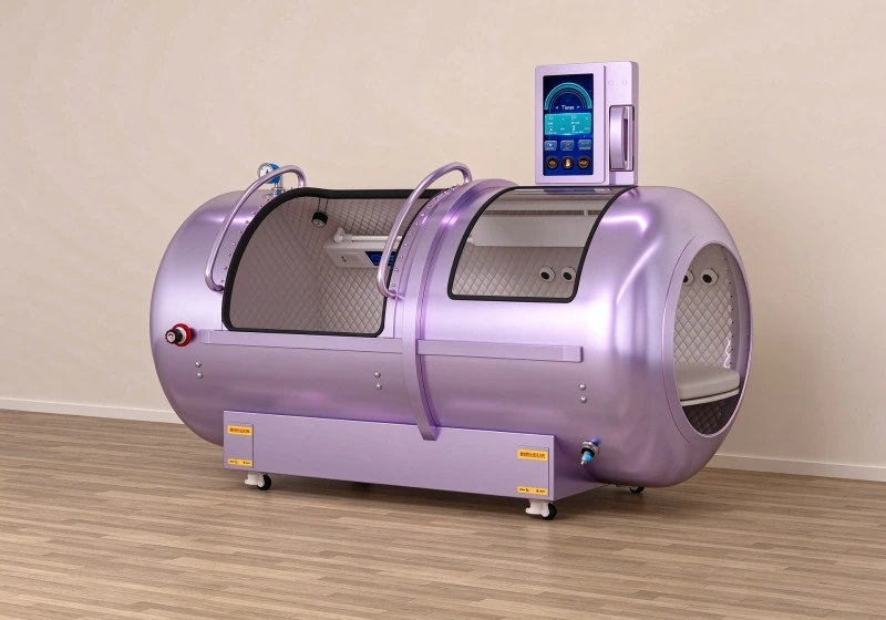 Purple hard shell hyperbaric chamber with transparent viewing panels, padded interior and touchscreen controls.