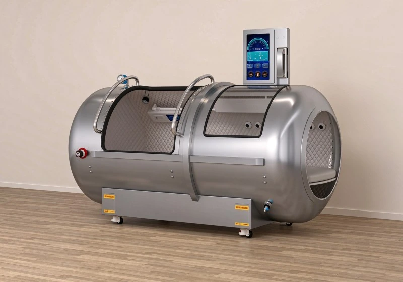 Silver hard shell hyperbaric chamber with transparent viewing panels, padded interior and touchscreen controls.