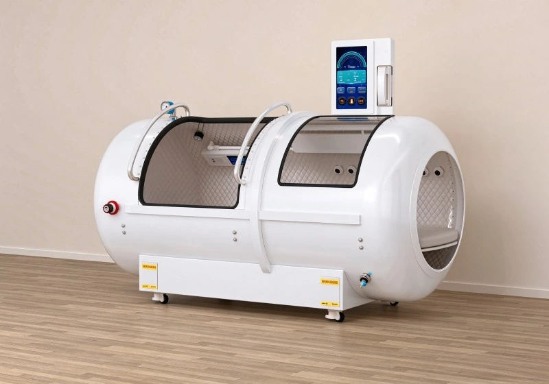 White hard shell hyperbaric chamber with transparent viewing panels, padded interior and touchscreen controls.