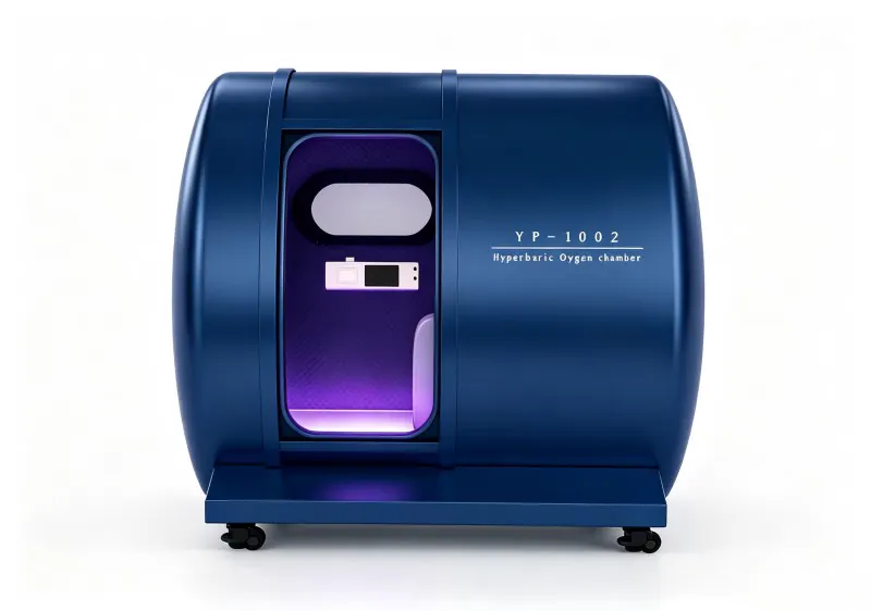 Blue hard shell hyperbaric chamber with an oval viewing window, interior control panel and purple lighting.