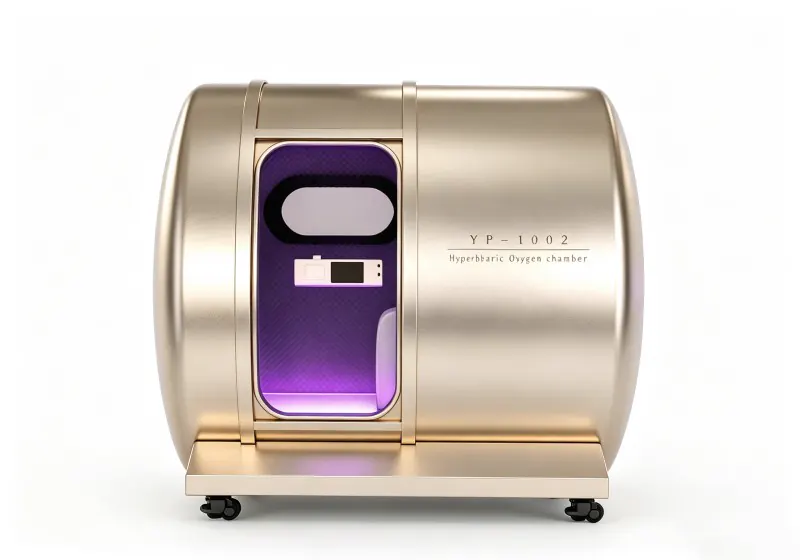 Gold hard shell hyperbaric chamber with an oval viewing window, interior control panel and purple lighting.