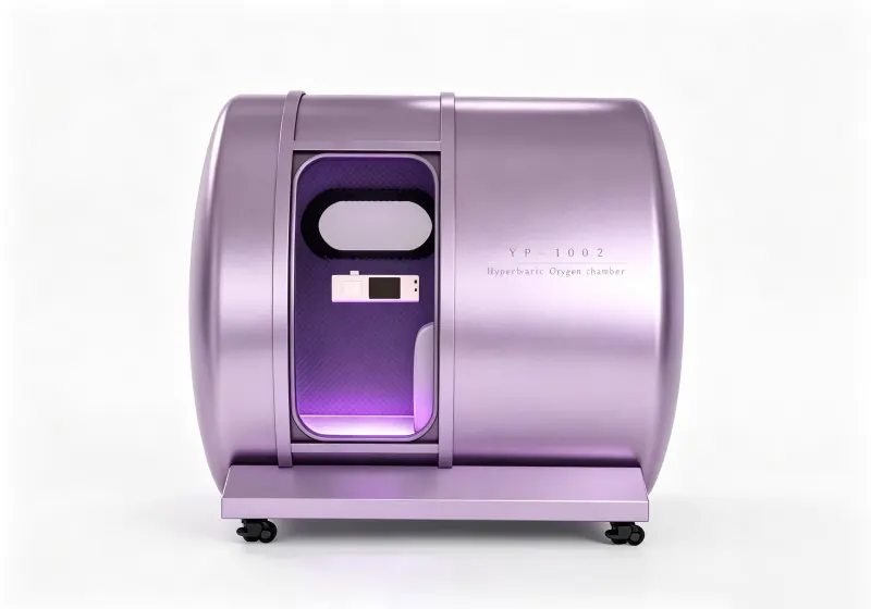 Purple hard shell hyperbaric chamber with an oval viewing window, interior control panel and purple lighting.