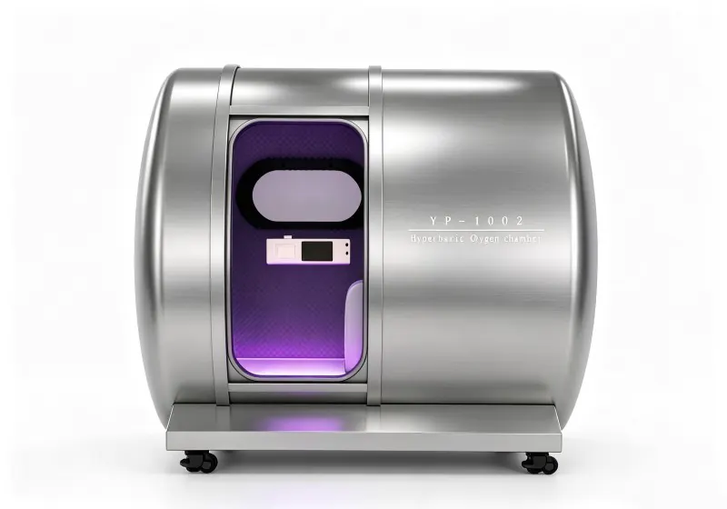Silver hard shell hyperbaric chamber with an oval viewing window, interior control panel and purple lighting.