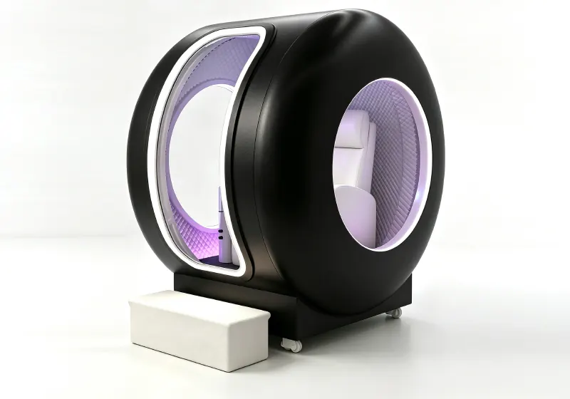 Black seated hard shell hyperbaric chamber with a circular side window, white seat, purple interior lighting and entry step.