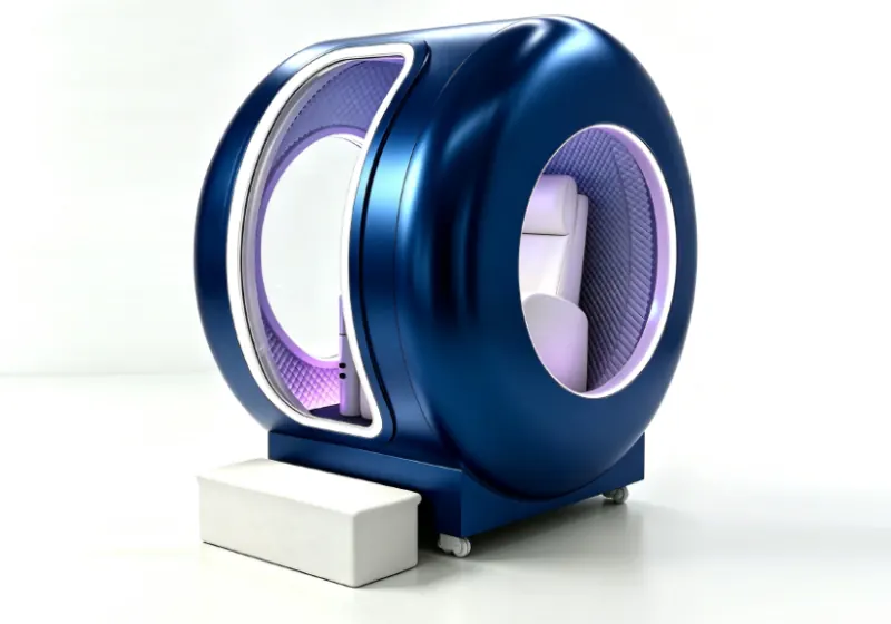 Blue seated hard shell hyperbaric chamber with a circular side window, white seat, purple interior lighting and entry step.