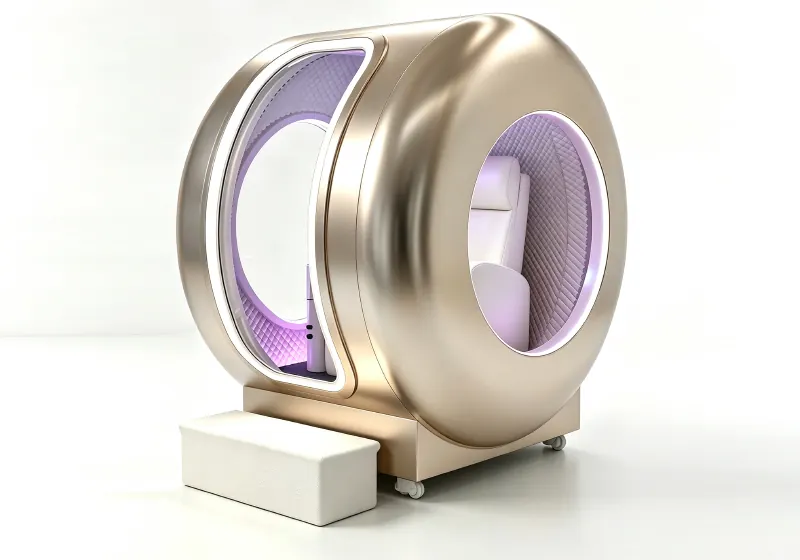 Gold seated hard shell hyperbaric chamber with a circular side window, white seat, purple interior lighting and entry step.