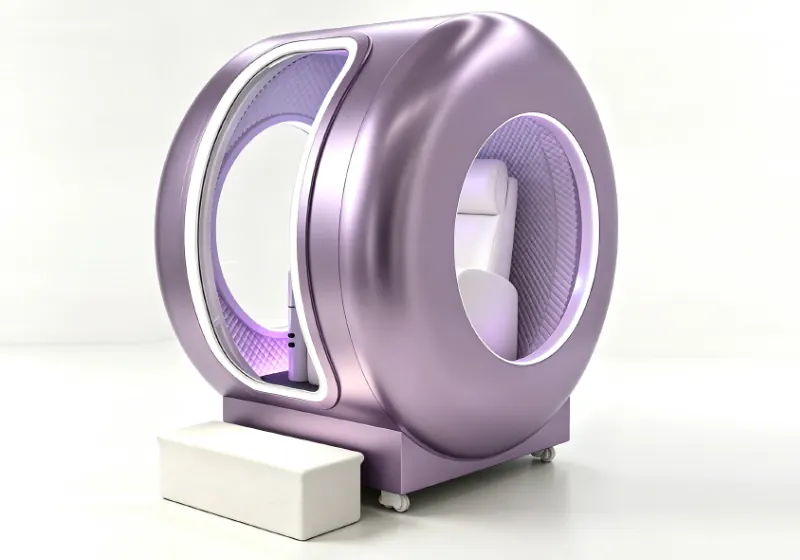 Purple seated hard shell hyperbaric chamber with a circular side window, white seat, purple interior lighting and entry step.