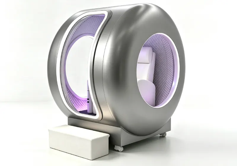 Silver seated hard shell hyperbaric chamber with a circular side window, white seat, purple interior lighting and entry step.