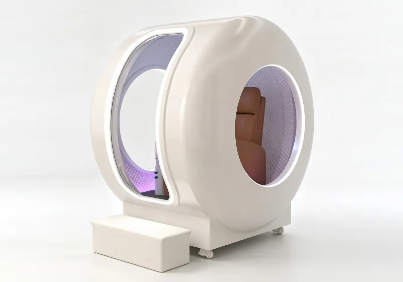 White seated hard shell hyperbaric chamber with a circular side window, brown seat, purple interior lighting and entry step.
