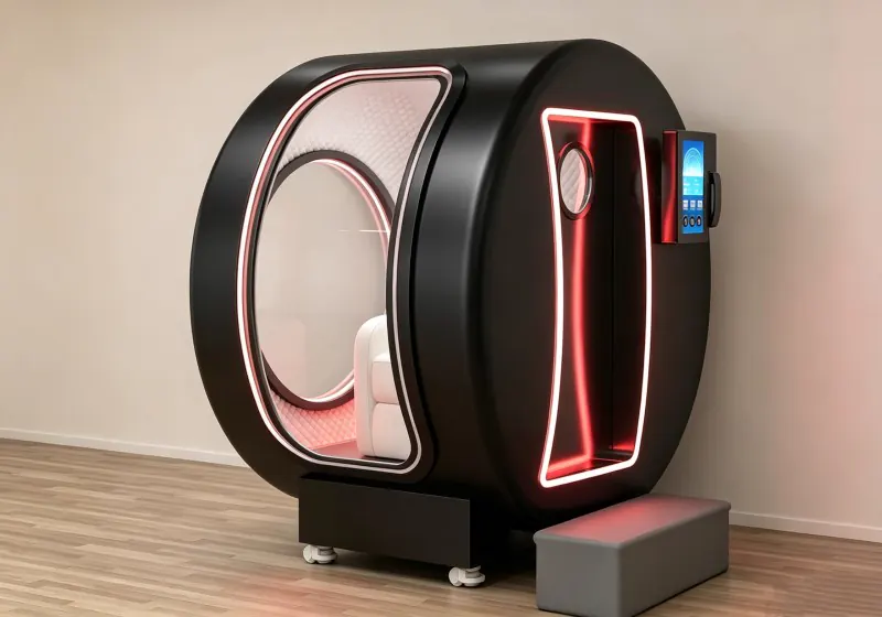 Black seated hard shell hyperbaric chamber with a white seat, red accent lighting, touchscreen controls and a side entry step.