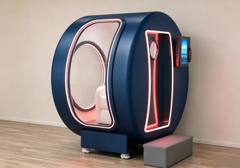 Blue seated hard shell hyperbaric chamber with a white seat, red accent lighting, touchscreen controls and a side entry step.