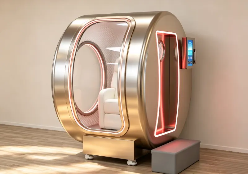 Gold seated hard shell hyperbaric chamber with a white seat, red accent lighting, touchscreen controls and a side entry step.