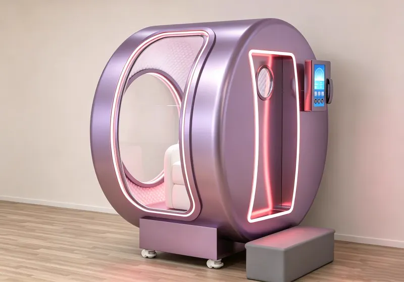 Purple seated hard shell hyperbaric chamber with a white seat, red accent lighting, touchscreen controls and a side entry step.
