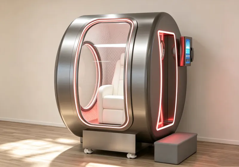 Silver seated hard shell hyperbaric chamber with a white seat, red accent lighting, touchscreen controls and a side entry step.