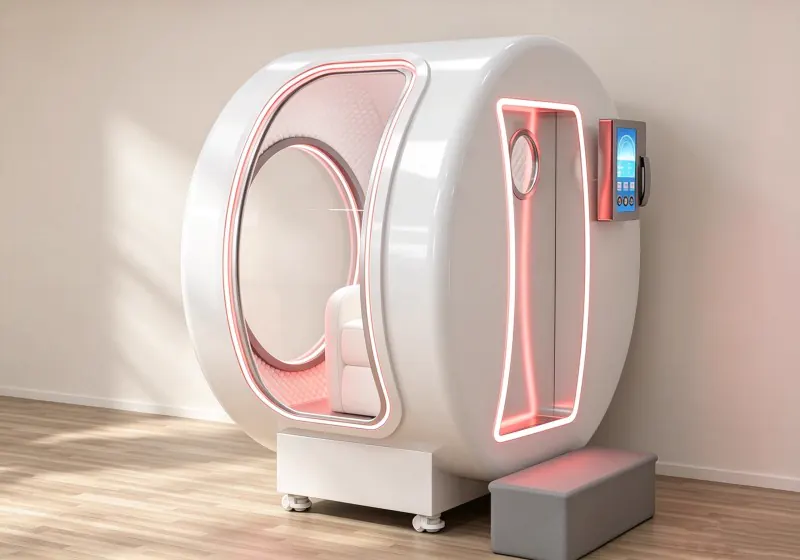 White seated hard shell hyperbaric chamber with a white seat, red accent lighting, touchscreen controls and a side entry step.