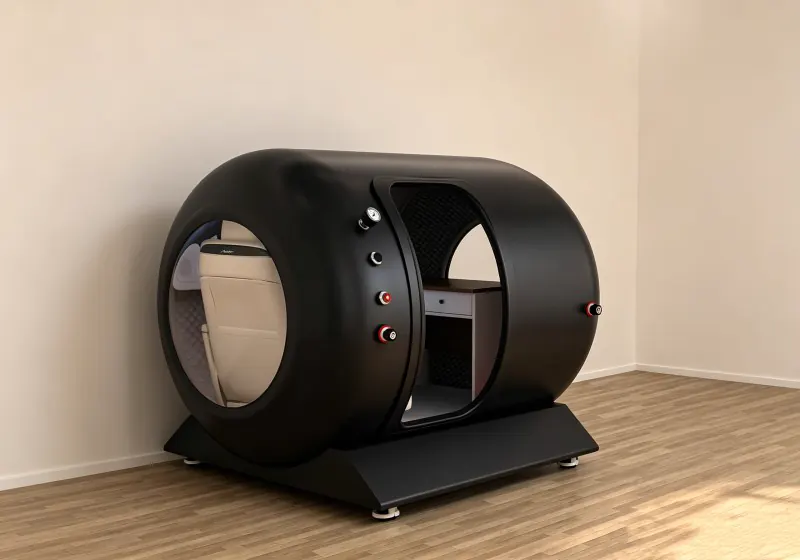 Black hard shell hyperbaric chamber with a circular side window, cream seat, interior desk and pressure gauge.