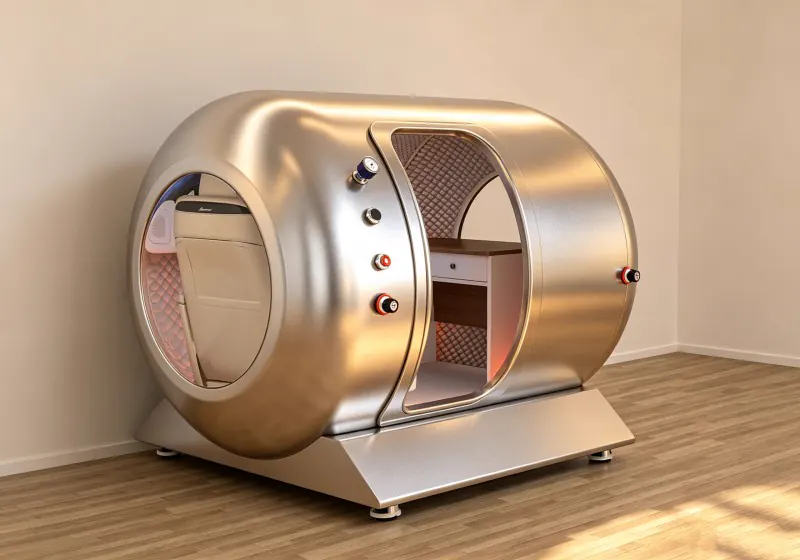 Gold hard shell hyperbaric chamber with a circular side window, cream seat, interior desk and pressure gauge.