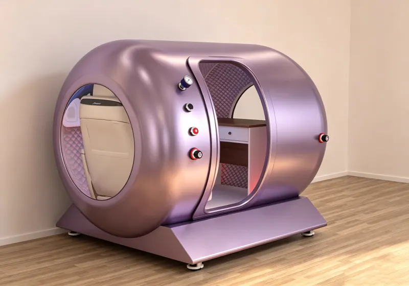 Purple hard shell hyperbaric chamber with a circular side window, cream seat, interior desk and pressure gauge.