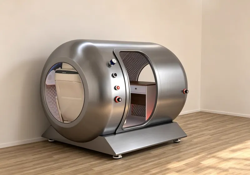 Silver hard shell hyperbaric chamber with a circular side window, cream seat, interior desk and pressure gauge.
